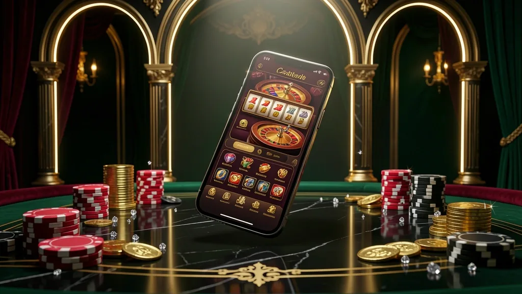 Floating smartphone showing royal casino app surrounded by chips and coins