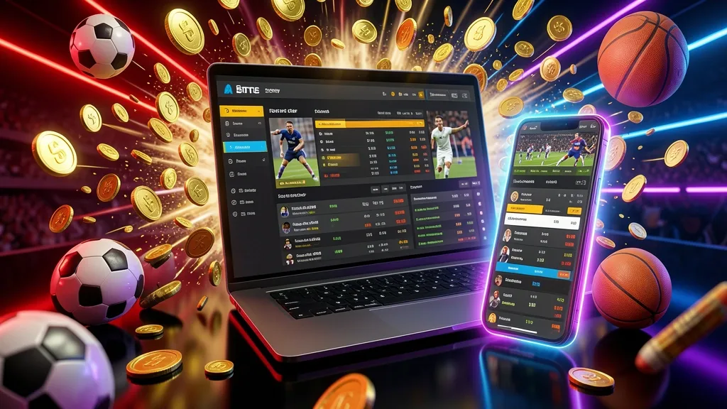 Laptop and smartphone showing live sports odds with coins, football, and basketball