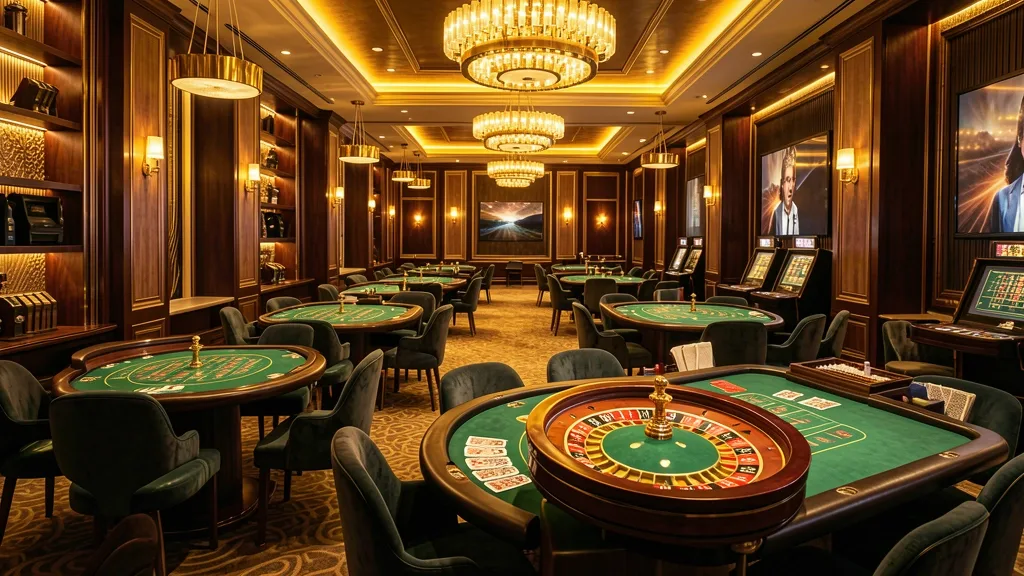 Luxury casino hall with glowing roulette and card tables
