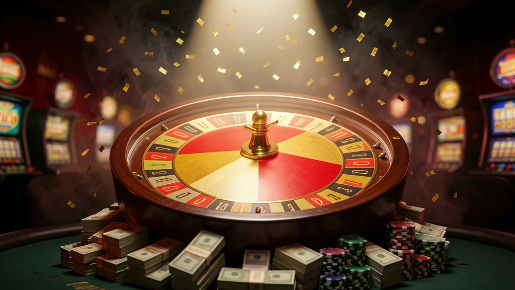 Fortune wheel landing on red sector with cash and chips