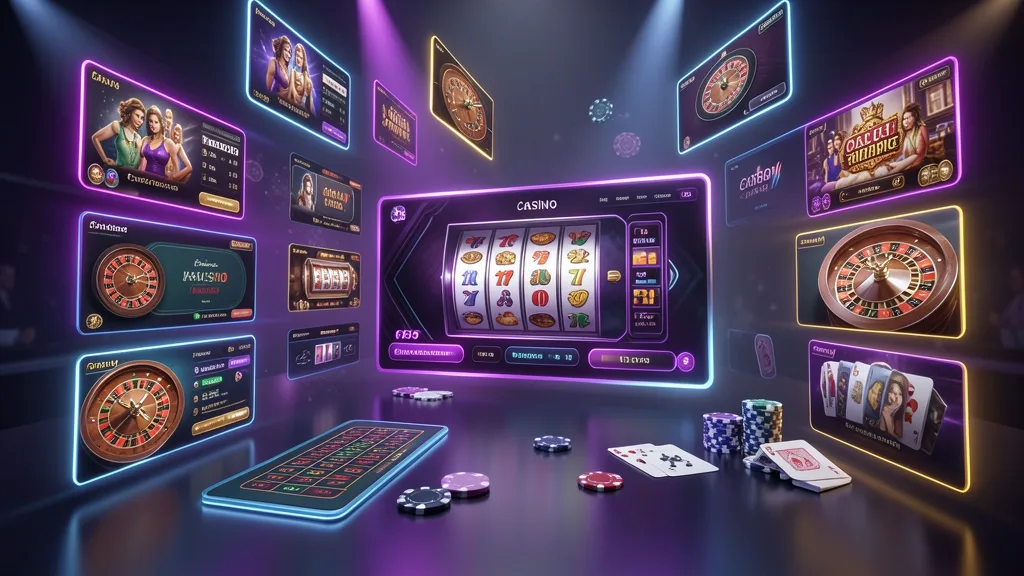 Floating online casino windows with slots, roulette, poker chips, and cards