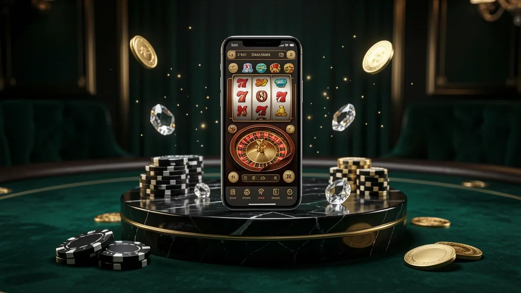Smartphone displaying casino app on marble pedestal with chips and coins