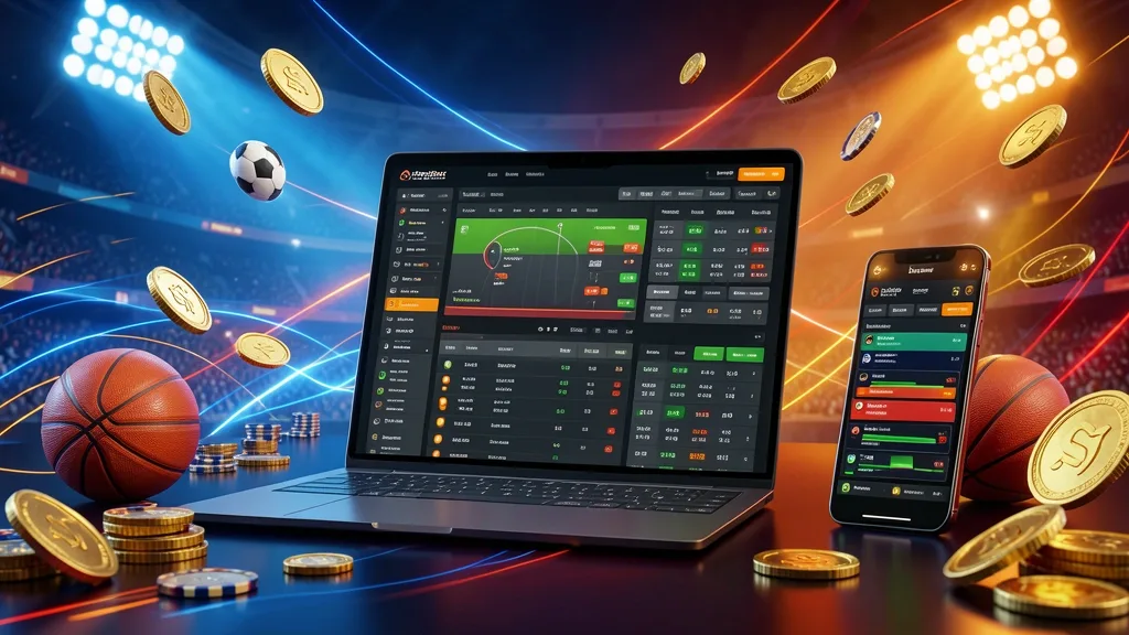 Laptop and smartphone displaying sports betting markets beside football, basketball, and tennis