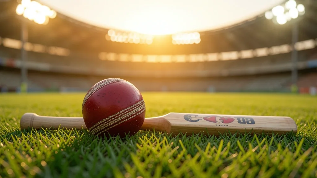 Cricket bat and ball on grass with blurred stadium lights