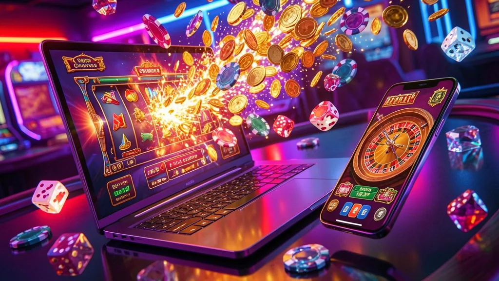 Gaming laptop and smartphone showing slots and roulette amid coins