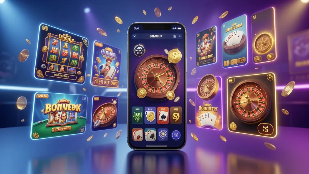 Smartphone surrounded by floating casino game tiles and bonus elements