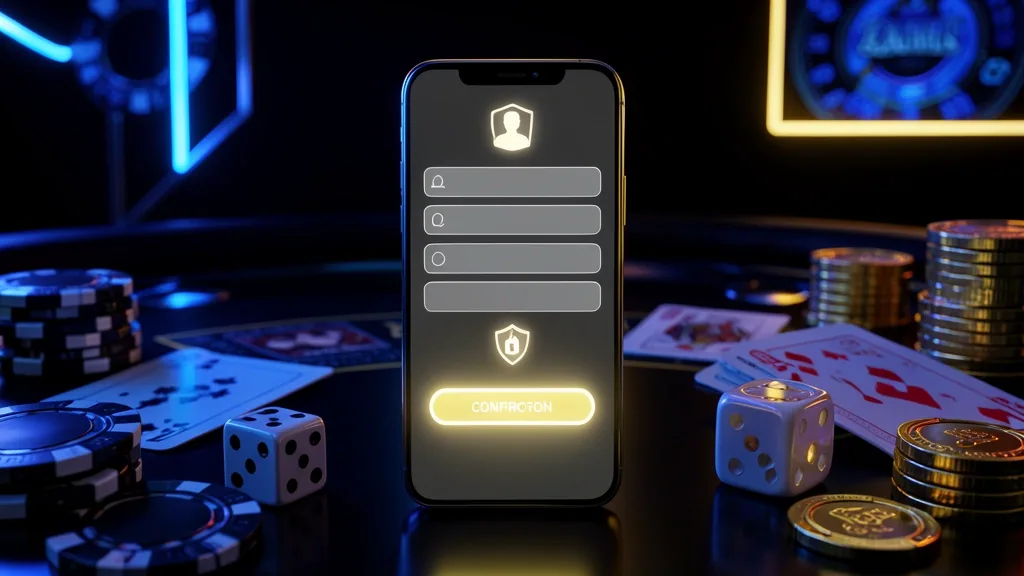 Smartphone displaying account creation interface with security icons, chips, cards, and coins
