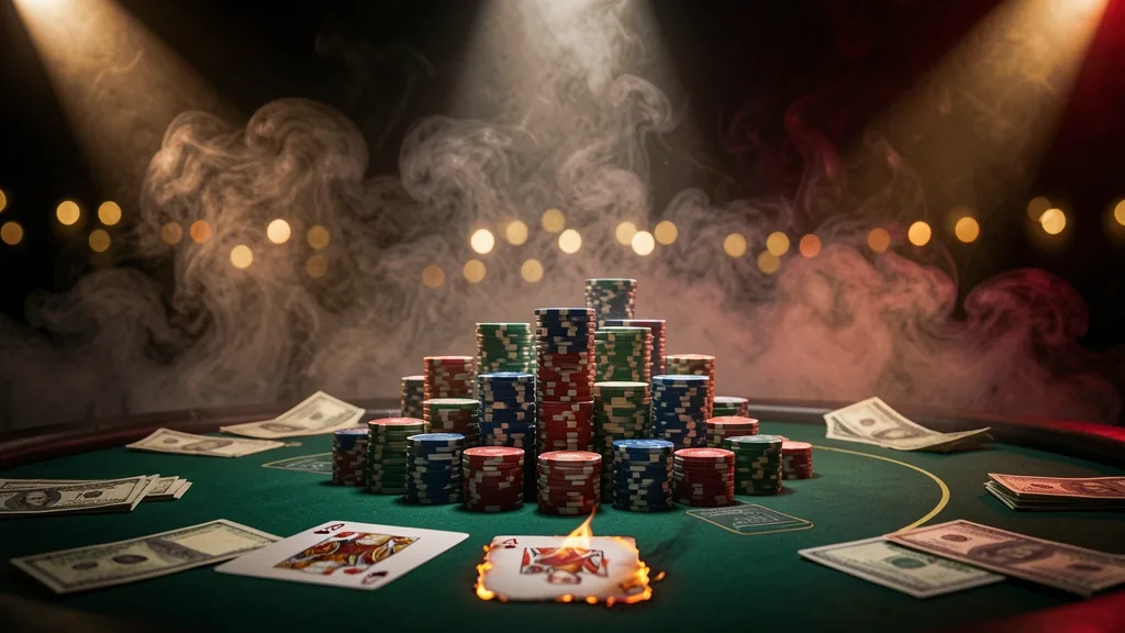 Texas Hold'em table with aces, chips, cash, and burning card