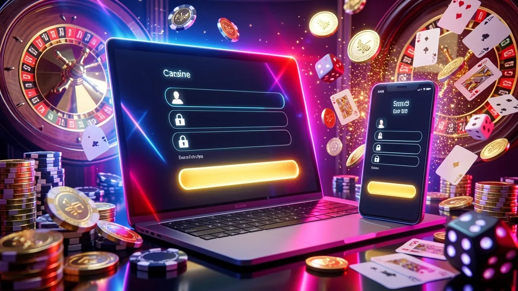 Laptop and smartphone showing login screens with chips, cards, dice, and coins