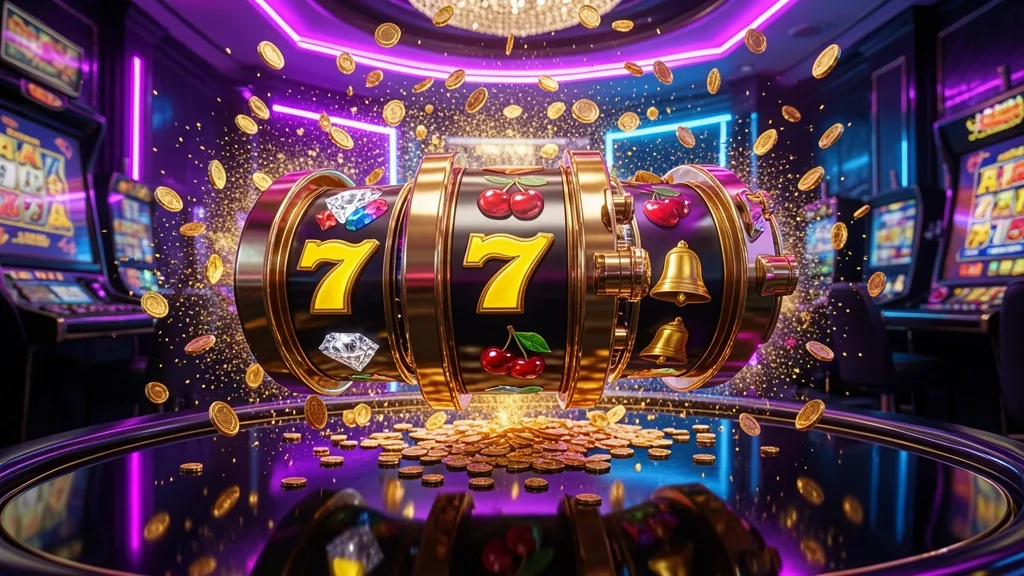 Floating slot reels with sevens, cherries, diamonds, bells, and flying coins